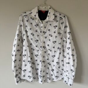 Guess Los Angeles Womens White Navy Palm Tree Print Button Down Shirt Small